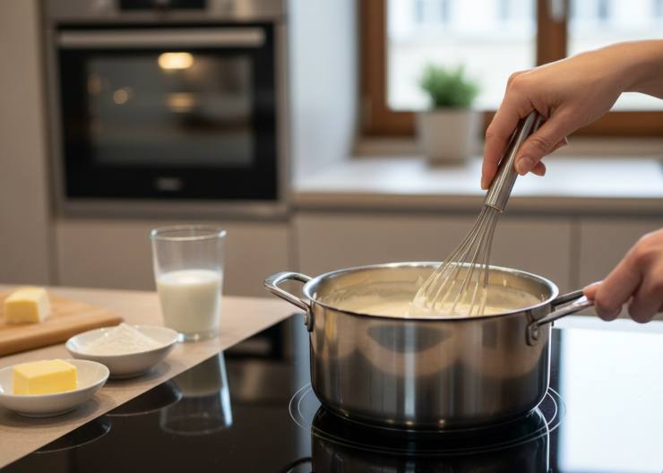 Iniziate questa ricetta preparando la besciamella: scaldate il latte in un pentolino senza portarlo a bollore, intanto in una casseruola sciogliete il burro a fuoco dolce.Aggiungete la farina tutta in una volta e mescolate con una frusta, quindi versate il latte caldo poco alla volta, continuando a mescolare per evitare grumi. Cuocete a fuoco medio finché la besciamella diventa liscia e cremosa: non dovrà addensarsi troppo, ma restare abbastanza fluida. Regolate di sale e profumate con noce moscata, quindi spegnete e tenete da parte.