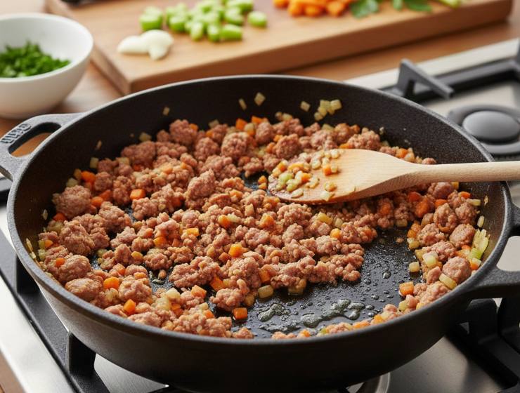 Eliminate il budello dalla salsiccia e sbriciolatela grossolanamente, fate soffriggere cipolla, carota e sedano tritati con un po’ d’olio extra vergine d’oliva in una padella ampia. Unite la salsiccia e fatela rosolare, sgranandola bene. Sfumate con il vino bianco e lasciate evaporare, regolate di sale e pepe, poi spegnete: il ragù di salsiccia deve restare morbido e succoso.