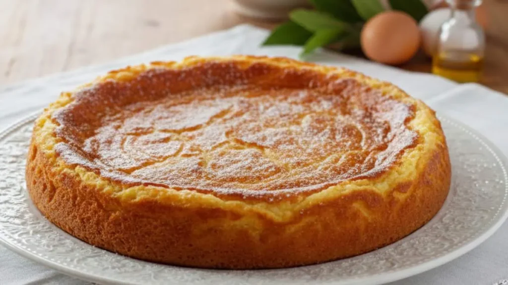 Antico Migliaccio Napoletano del 1800 su piatto di porcellana decorato e tovaglia ricamata, spolverato con zucchero a velo