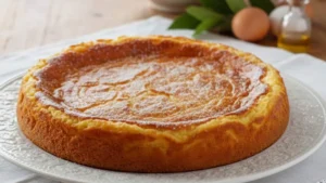 Antico Migliaccio Napoletano del 1800 su piatto di porcellana decorato e tovaglia ricamata, spolverato con zucchero a velo