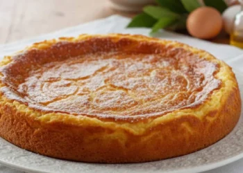 Antico Migliaccio Napoletano del 1800 su piatto di porcellana decorato e tovaglia ricamata, spolverato con zucchero a velo