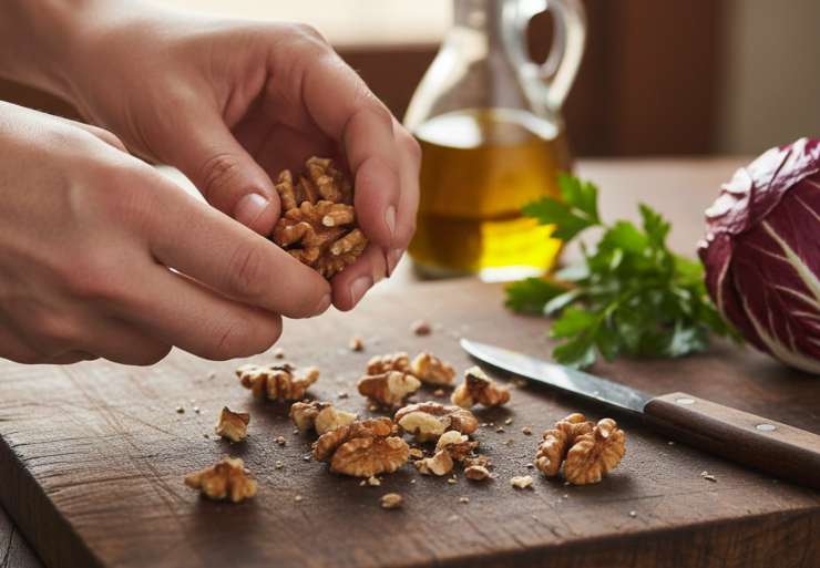 Alzate ora la fiamma ed aggiungete il radicchio: saltatelo per 2 minuti a fuoco vivace. A questo punto sfumate con l’aceto di mele: l’acidità equilibra l’amaro del radicchio e lo rende subito più tenero. Fatto ciò aggiungete le noci spezzettate grossolanamente a mano, coprite con un coperchio ed abbassate la fiamma al minimo per altri 3/4 minuti.
