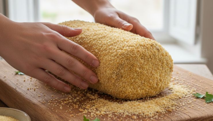 Formate il vostro polpettone e, prima di cuocerlo, rotolatelo generosamente nel pangrattato in modo da poter creare quella crosticina deliziosa che fa la differenza.