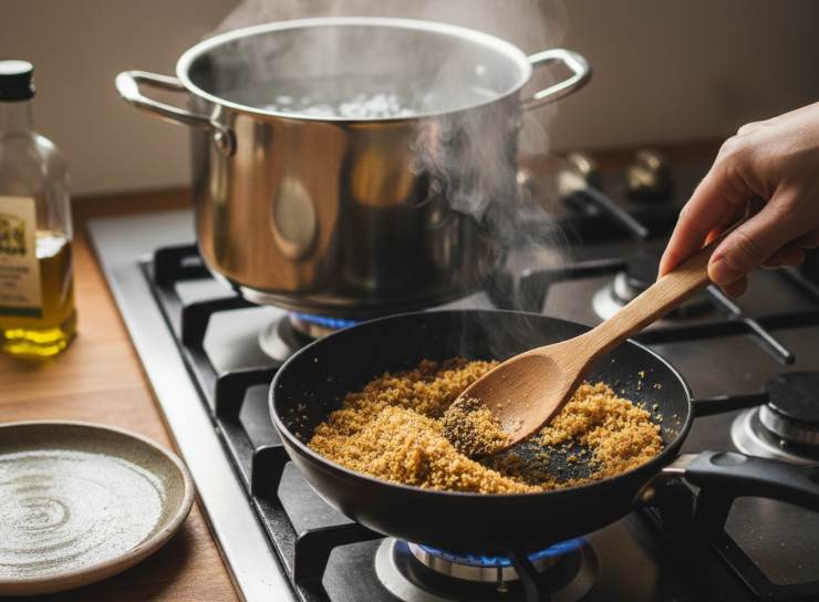 Mettete sul fuoco una pentola con abbondante acqua salata per la pasta e portatela a bollore. In un padellino antiaderente, tostate il pangrattato con un filo d’olio extra vergine d’oliva finché diventa dorato. Spegnete il fuoco ed aggiungete la scorza di limone ed una macinata di pepe: mescolate e mettete da parte.