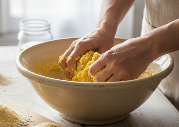 Grattugiate il pane raffermo e mescolatelo con abbondante parmigiano reggiano grattugiato. Aggiungete le uova, un pizzico di sale ed una generosa spolverata di noce moscata. Impastate con le mani fino a ottenere un composto compatto, liscio ed omogeneo, quindi lasciate riposare per qualche minuto mentre preparate l’acqua per la cottura.&nbsp;