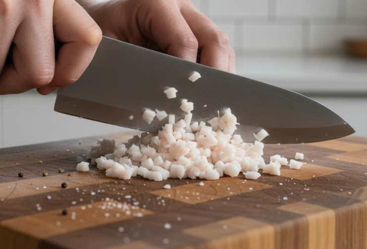 Preparate ora il sugo: in una padella larga scaldate un filo d’olio con il lardo tritato, l’aglio schiacciato ed il prezzemolo. Lasciate insaporire a fuoco dolce finché il lardo inizia a sciogliersi: aggiungete i pomodori spezzettati, qualche foglia di basilico e regolate di sale e pepe. Lasciate cuocere a fuoco medio basso per circa mezz’ora, finché il sugo si addensa leggermente.