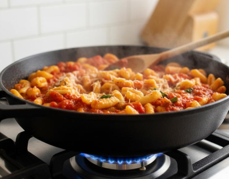 Portate a bollore una pentola di acqua salata, cuocete i cavatelli fino a quando salgono in superficie: scolateli e trasferiteli direttamente nella padella con il sugo. Saltate i cavatelli nel sugo per un paio di minuti, facendo amalgamare bene i sapori. Servite subito con una generosa spolverata di pecorino grattugiato e qualche foglia di basilico fresco.