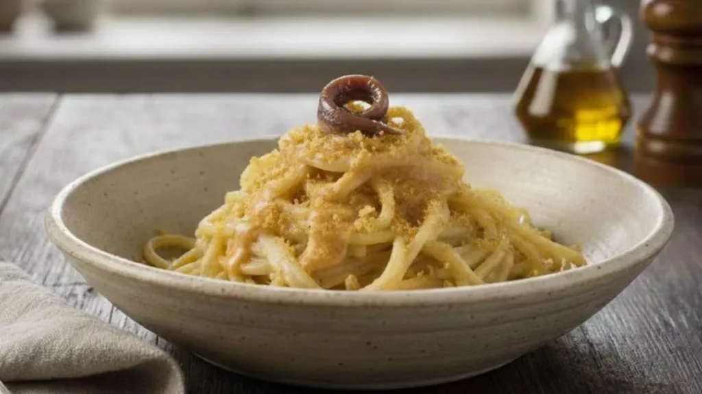 un piatto di burro acciughe e pangrattato cremoso ed invitante