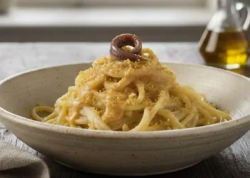 un piatto di burro acciughe e pangrattato cremoso ed invitante