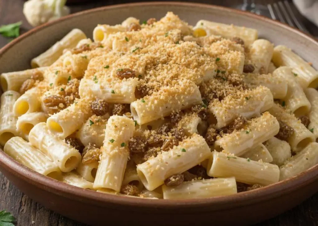 Un piatto di rigatoni cremosi conditi con crema di cavolfiore bianco, uvetta e una generosa spolverata di pangrattato dorato croccante.