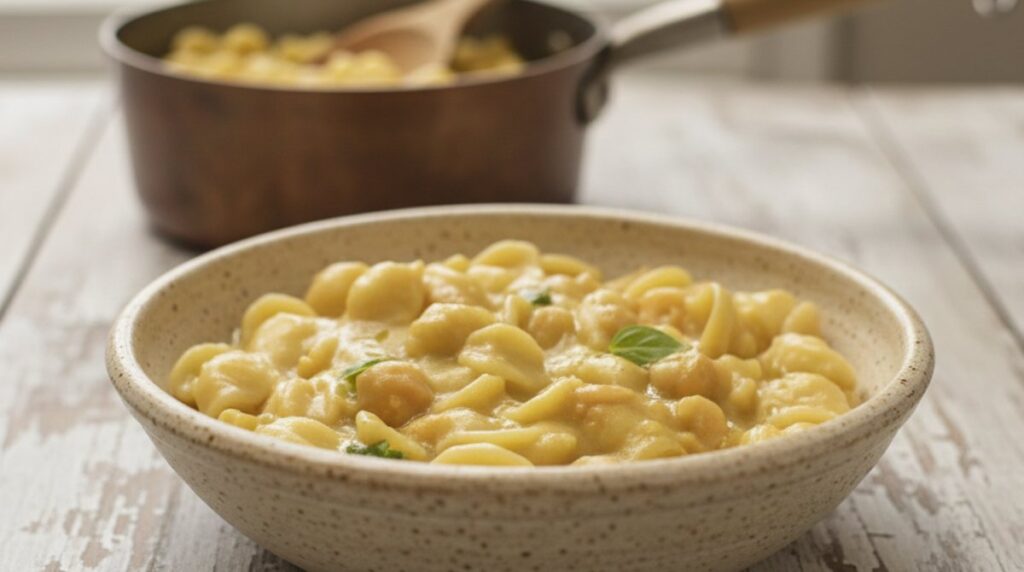 pasta e ceci cremosa, avvolgente e vellutata, in un piatto di ceramica rustico