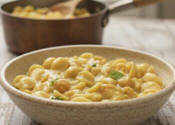 pasta e ceci cremosa, avvolgente e vellutata, in un piatto di ceramica rustico