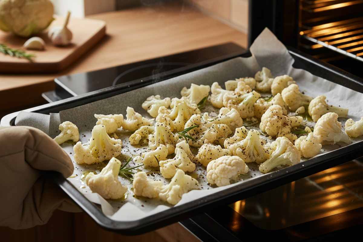 Iniziate pulendo il cavolfiore e dividendo le cimette: sciacquatele sotto l’acqua corrente ed asciugatele. Conditele con sale, pepe, olio extra vergine d’oliva, aglio sminuzzato ed un po’ di rosmarino. Distribuitele su una leccarda foderata di carta da forno e cuocete a 200 gradi per circa 20 minuti. Dovrà risultare tenero senza sfaldarsi. Mettete sul fuoco una pentola con abbondante acqua salata per la pasta e portatela a bollore.