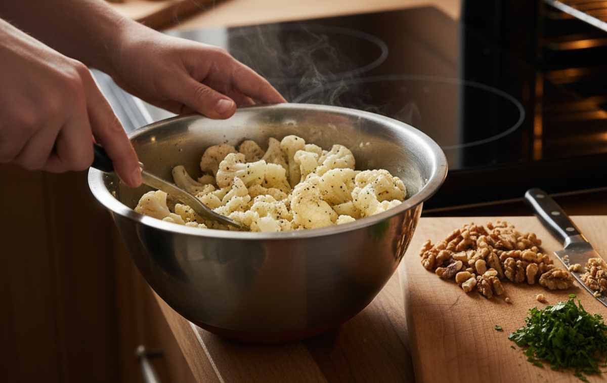 Quando il cavolfiore è ancora caldo, schiacciatelo grossolanamente con una forchetta fino a renderlo cremoso. Se volete una consistenza più vellutata, frullatelo in un mixer. Assaggiate e regolate di sale e pepe e versatelo in una casseruola. A parte tritate finemente al coltello i gherigli di noce, tritate anche il prezzemolo e mettete da parte.