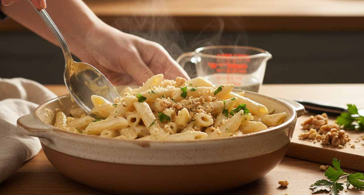 Cuocete la pasta e scolatela leggermente al dente, mettendo da parte poca acqua di cottura. Mantecatela nella casseruola con la crema di cavolfiore arrostito, prezzemolo tritato e noci tritate a fuoco dolce: regolate la consistenza usando l’acqua della pasta se la volete più cremosa. Servitela subito ben calda e profumatissima!