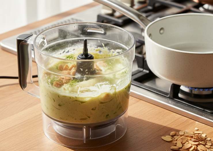 Fatto ciò frullate i finocchi con un po’ di acqua di cottura della pasta ed un cucchiaio di mandorle prese dal totale fino ad ottenere una crema liscia ed omogenea. Trasferite la crema in una casseruola capiente e mettete da parte. Versate la pasta e cuocetela leggermente al dente, quindi verso la fine della cottura accendete sotto la casseruola per riscaldare il condimento.