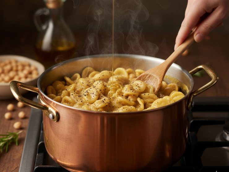 Questo farà rilasciare l’amido alla pasta, rendendo tutto incredibilmente cremoso. Una volta cotta la pasta ancora leggermente al dente, spegnete il fuoco e lasciate 3 minuti con il coperchio. Ora aggiungete un filo d’olio a crudo ed una generosa macinata di pepe nero (se vi piace), mantecate e servite subito!