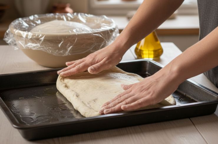 Coprite la ciotola con la pellicola e fate lievitare per circa un’ ora in un luogo tiepido, finché l’impasto sarà raddoppiato. Trascorso il tempo necessario, ungete leggermente la teglia: trasferite l’impasto e stendetelo con le mani, senza schiacciarlo troppo per non farlo sgonfiare troppo.