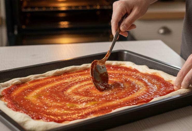 Distribuite la passata di pomodoro condita con un filo d’olio ed un pizzico di sale e lasciate riposare 10/15 minuti così prende sapore. Cuocete in forno già caldo a 220/230 gradi nella parte medio-bassa per circa 10–12 minuti.&nbsp;