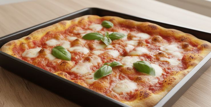 Tirate ora fuori la pizza, aggiungete la mozzarella a pezzetti e rimettete in forno per altri 5/7 minuti, finché si scioglierà. Completate con basilico fresco e un filo d’olio extra vergine d’oliva e gustatela subito ben calda!