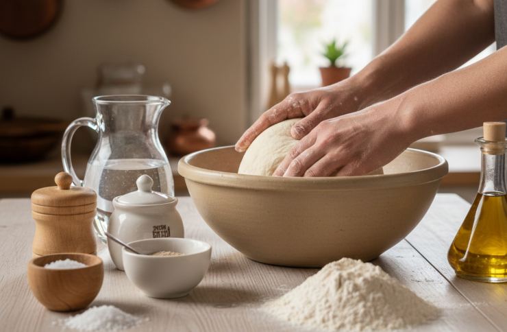 In una ciotola versate l’acqua tiepida, il lievito e lo zucchero e mescolate finché si sciolgono. Unite la farina poco per volta, poi un cucchiaino di sale e l’olio extra vergine d’oliva. Impastate fino ad ottenere un composto liscio e morbido e trasferitelo in una ciotola capiente.