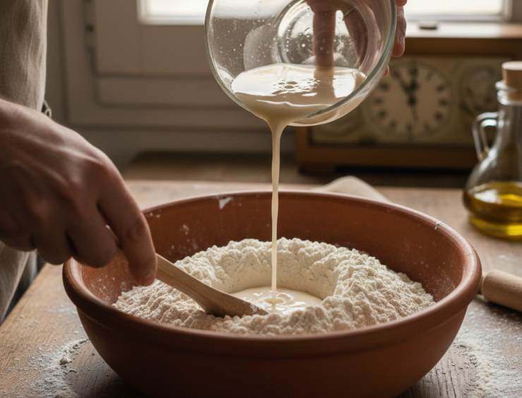 Iniziate con l’impasto della pizza: sciogliete il lievito nell’acqua tiepida ed aggiungete poco alla volta alla farina, mescolando con le dita. A metà lavorazione inserite lo strutto (o l’olio) ed infine il sale. Lasciate lievitare fino al raddoppio (circa 6/7 ore a temperatura ambiente).