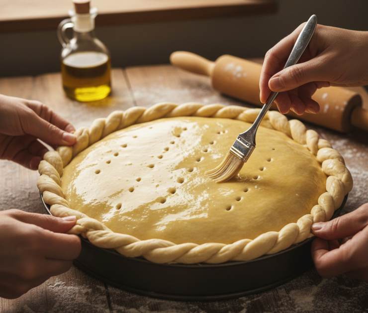 Chiudete bene i bordi formando un cordone: bucherellate la superficie e spennellate con abbondante olio o un mix di uovo e latte. Cuocete a 220 gradi per circa 30/35 minuti nella parte medio-bassa del forno. Quando apparirà bella dorata spegnete e fate intiepidire, poi sformatela e servitela!