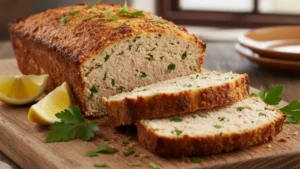 Polpettone di tonno e ricotta al forno dorato e affettato su un tagliere di legno con limone e prezzemolo