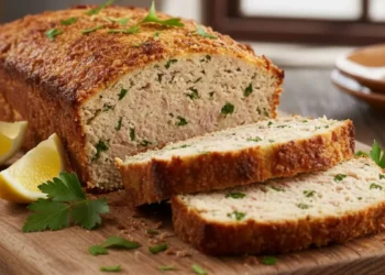 Polpettone di tonno e ricotta al forno dorato e affettato su un tagliere di legno con limone e prezzemolo