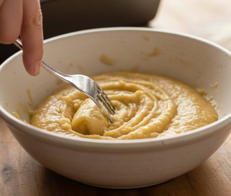 Schiacciate le banane con una forchetta fino a ottenere una purea liscia: più sono mature, più il banana bread sarà dolce e profumato. Aggiungete le uova alla banana e mescolate delicatamente con una frusta a mano, senza montare.