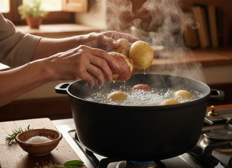 Lavate bene le patate e lessatele intere con la buccia in abbondante acqua salata: in questo modo si impedisce alle patate di assorbire troppa acqua, rendendo gli gnocchi più sodi e meno bisognosi di farina. Una volta cotte (devono essere tenere, ma non sfaldarsi), scolatele, pelatele ancora calde quindi passatele subito nello schiacciapatate, raccogliendo la purea su una spianatoia infarinata.