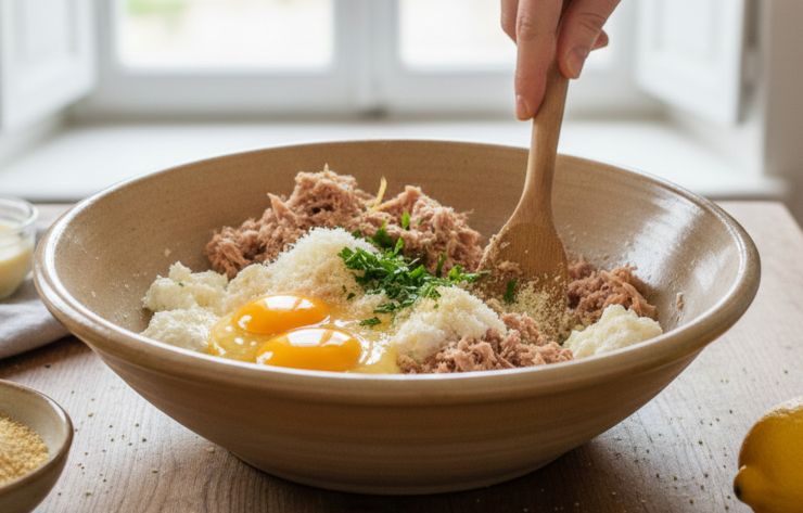 In una ciotola unite il tonno sminuzzato, la ricotta, le uova e il parmigiano grattugiato, sale e pepe. Aggiungete quindi gli aromi: il prezzemolo tritato, l’origano e la scorza di limone che darà una freschezza incredibile. Aggiungete ora il pangrattato e lavorate in modo da incorporarlo tutto: questo darà struttura e compattezza al vostro polpettone senza asciugarlo troppo.