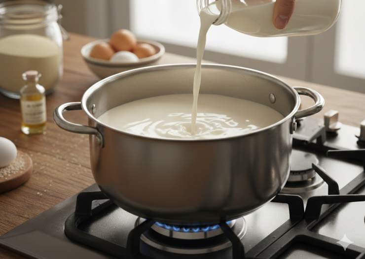 In una pentola unite latte, acqua, burro, sale e le scorze degli agrumi. Portate a sfiorare il bollore, togliete le scorze e versate il semolino a pioggia mescolando velocemente con una frusta per evitare grumi. Cuocete a fuoco basso per circa 5/8 minuti finché diventa denso e cremoso, quindi spegnete e lasciate raffreddare coperto con pellicola.