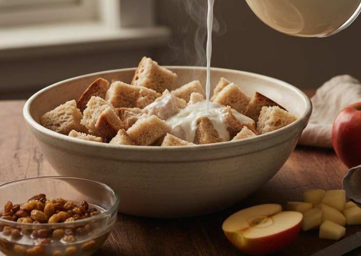 Mettete il pane a cubetti in una ciotola capiente e versate il latte: il trucco per avere una consistenza perfetta, è aggiungere il liquido non freddo, ma tiepido. Lasciate riposare per circa 30 minuti finché il pane sarà completamente inzuppato e morbido. Intanto sbucciate le mele: tagliatele a cubetti piccoli, poi mettete l’uvetta in ammollo in acqua tiepida.