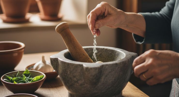 Iniziate a pestare o frullare fino ad ottenere una crema: aggiungete ora il basilico, i pinoli e continuate a lavorare. Quando le foglie si saranno ben sminuzzate, incorporate i formaggi grattugiati ed infine l’olio extra vergine d’oliva a filo, mescolando fino ad ottenere un pesto cremoso e omogeneo. Nonna Lalla ci tiene: non deve essere troppo liquido! Portate a ebollizione una pentola abbondante di acqua salata, tuffate gli gnocchi pochi alla volta.