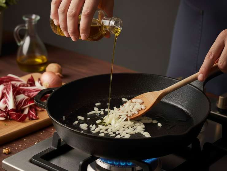 Per realizzare questa ricetta iniziate lavando il radicchio: tagliatelo a striscioline larghe circa 2/3 centimetri. Se usi il radicchio lungo, eliminate la base più dura. In una padella ampia, scaldate un filo d’olio extra vergine d’oliva e fate appassire lo scalogno tritato finemente.