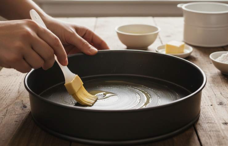 Imburrate ed infarinate la teglia, quindi versate il composto e livellatelo. Cuocete in forno statico preriscaldato a 180 gradi per circa 50/60 minuti: la superficie dovrà risultare bruna e dorata.