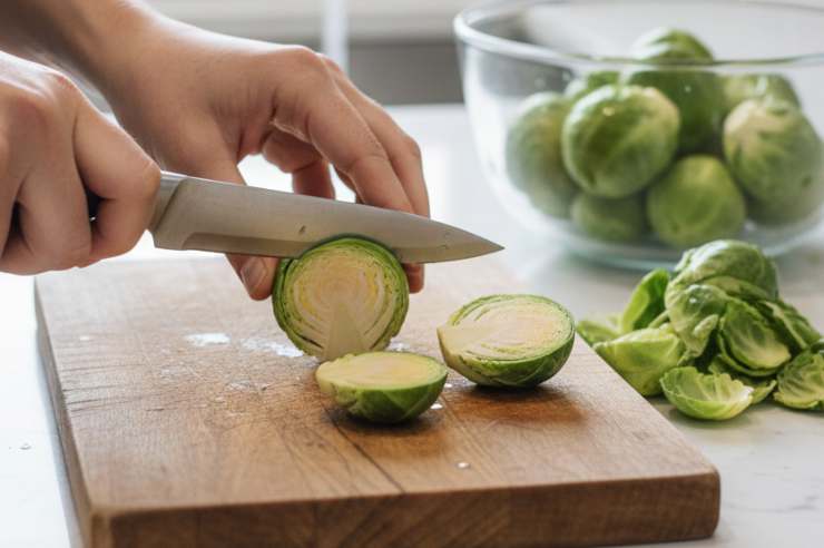 Eliminate la base dei cavoletti e le prime foglie esterne se rovinate: lavateli bene e tagliateli a metà verticalmente per ottenere una cottura uniforme e una base croccante. In una padella ampia, scaldate l’olio con l’aglio e la pancetta: lasciate sfrigolare finché il grasso della pancetta si scioglie.