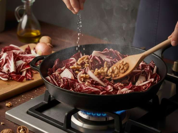 Togliete il coperchio, aggiustate di sale e pepe e date un’ultima saltata per far evaporare l’umidità residua. Terminato questo passaggio il vostro radicchio sarà pronto: servitelo subito, saporito e profumato con quel tocco croccantino!