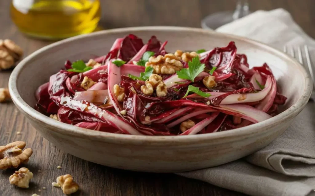 Piatto di radicchio rosso a striscioline saltato in padella con gherigli di noci croccanti