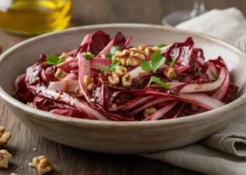 Piatto di radicchio rosso a striscioline saltato in padella con gherigli di noci croccanti