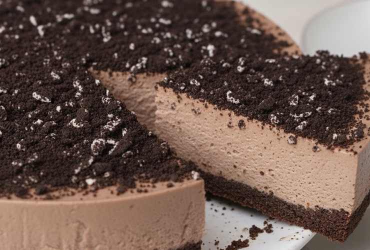 Riversiamo la crema sulla base di biscotti e livelliamo, quindi riportiamo in frigo un altro quarto d’ora. Prima di togliere la cerniera andiamo a spolverare la superficie della torta con le briciole di biscotti tenute da parte e e pronti all’assaggio: golosità unica.