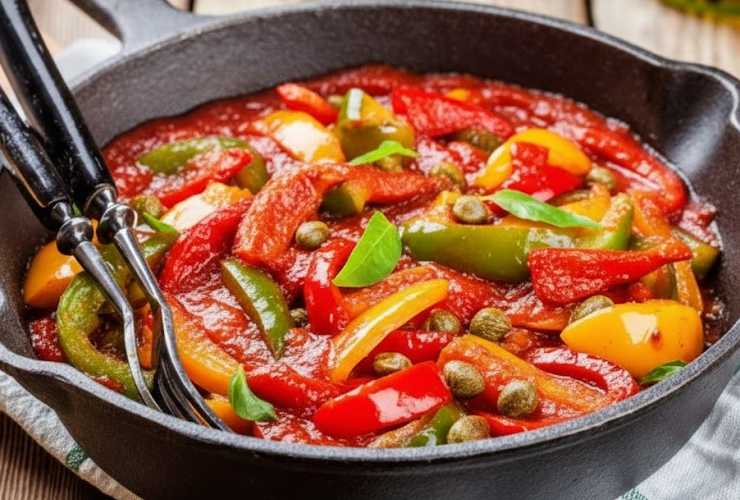 A cottura quasi ultimata andiamo a togliere il coperchio per restringere il sugo e a insaporire con sale, pepe e con gli aromi scelti, quindi eliminiamo l’aglio. La peperonata è pronta da servire!