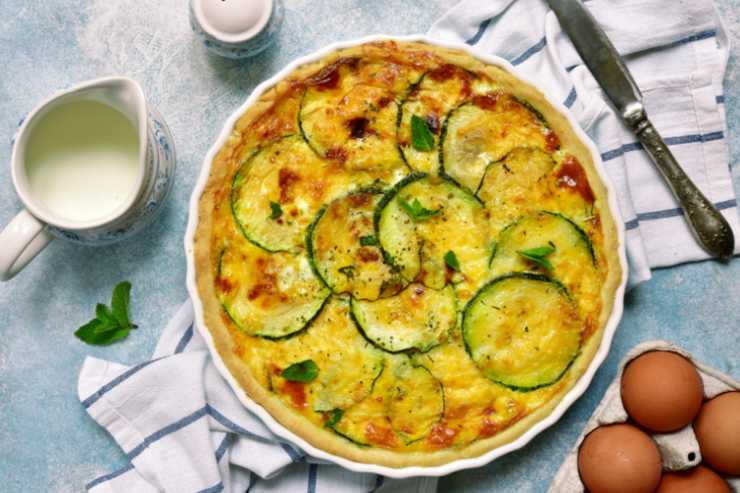 Riprendiamo la base, stendiamo con un matterello e sistemiamo in uno stampo dai bordi alti imburrato o foderato. Riversiamo all’interno il composto di uova e zucchine e inforniamo a 200 gradi. Cuociamo per i primi 10 minuti, poi caliamo il forno a 180 e cuociamo un’altra mezz’ora. Prima di servire lasciamo intiepidire.