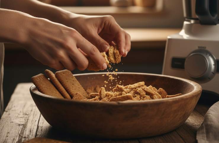 Iniziate rompendo i biscotti a mano, lasciando pezzetti un po’ grossolani. Non usate il mixer: ridurre i biscotti in polvere è il primo errore che assorbe tutta l’umidità del dolce rendendolo secco. Lavorate il burro morbido (lasciatelo fuori dal frigo almeno un’ora prima) con lo zucchero a velo. Usare lo zucchero a velo al posto del semolato garantisce che non si sentano granelli sotto i denti e che la struttura resti vellutata.