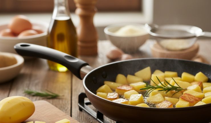 Iniziate pelando le patate e tagliandole a cubetti uniformi di circa 1 centimetro in modo da assicurare una cottura omogenea. In una padella antiaderente di circa 22/24 centimetri, scaldate un filo d’olio extravergine con un rametto di rosmarino. Versate le patate e rosolatele a fuoco medio finché saranno dorate e tenere. Una volta pronte, toglietele dal fuoco, eliminate il rosmarino e lasciatele intiepidire un paio di minuti.