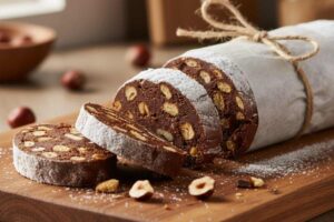 salame di cioccolato che mostra la consistenza umida e compatta con nocciole tostate e biscotti ben visibili