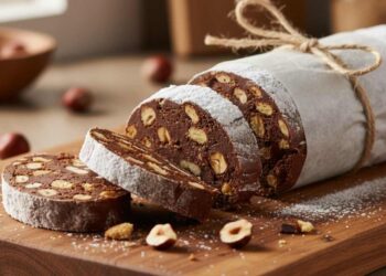 salame di cioccolato che mostra la consistenza umida e compatta con nocciole tostate e biscotti ben visibili