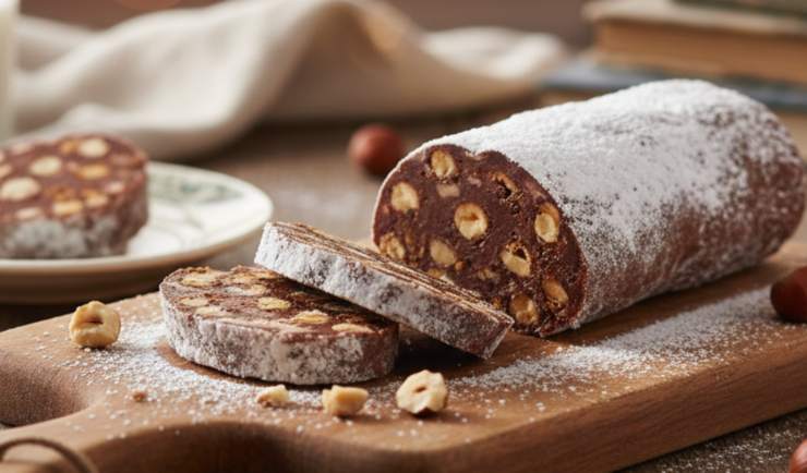 Trasferite il composto su pellicola trasparente, date la forma di un salame e compattate bene per evitare bolle d’aria interne. Chiudete a caramella e riponete in frigorifero per almeno 4/6 ore. Il freddo deve stabilizzare i grassi senza però “pietrificare” il dolce. Trascorso il tempo necessario tiratelo fuori dal frigorifero ed eliminate la pellicola. Lasciatelo qualche minuto a temperatura ambiente, spolverizzatelo (se vi piace) con zucchero a velo e gustatelo!