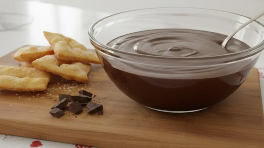 Sanguinaccio dolce napoletano cremoso servito in una ciotola di vetro con chiacchiere croccanti e scaglie di cioccolato fondente su un tagliere di legno